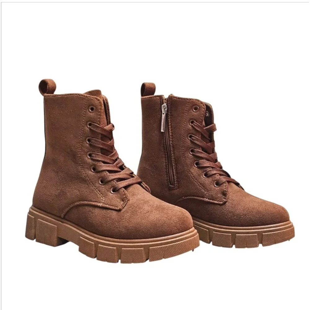 Chunky Sole Brown Faux Suede Combat Boots With Side Zipper & Lace-Up Closure For - Picture 10 of 13